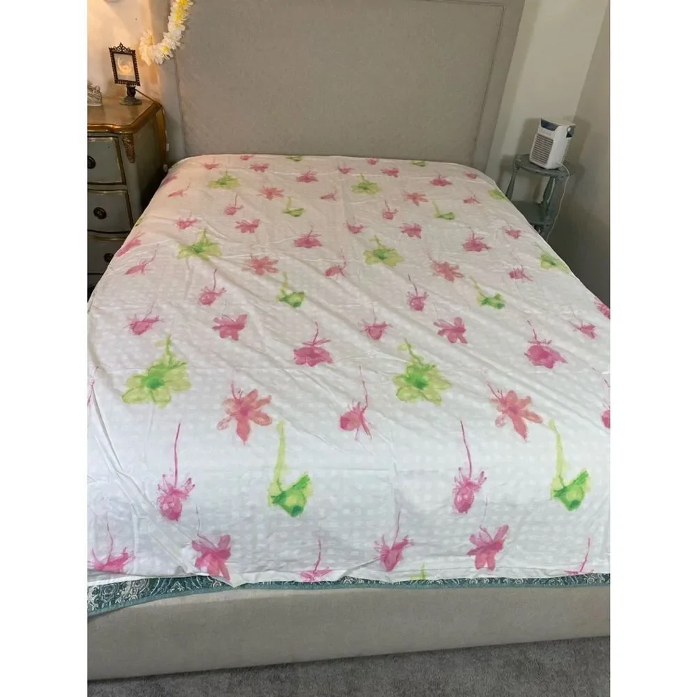 Floral Watercolor White Cotton Duvet - Pink & Green